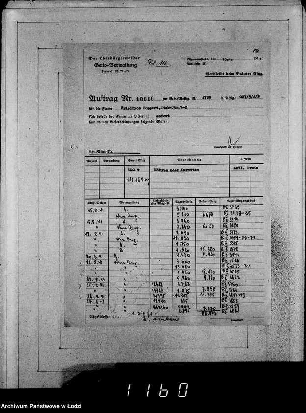 Obraz 14 z jednostki "Erledigte Aufträge von 10000-10999 [Zrealizowane zamówienia na produkty żywnościowe, oleje i inne towary dla Getta]"
