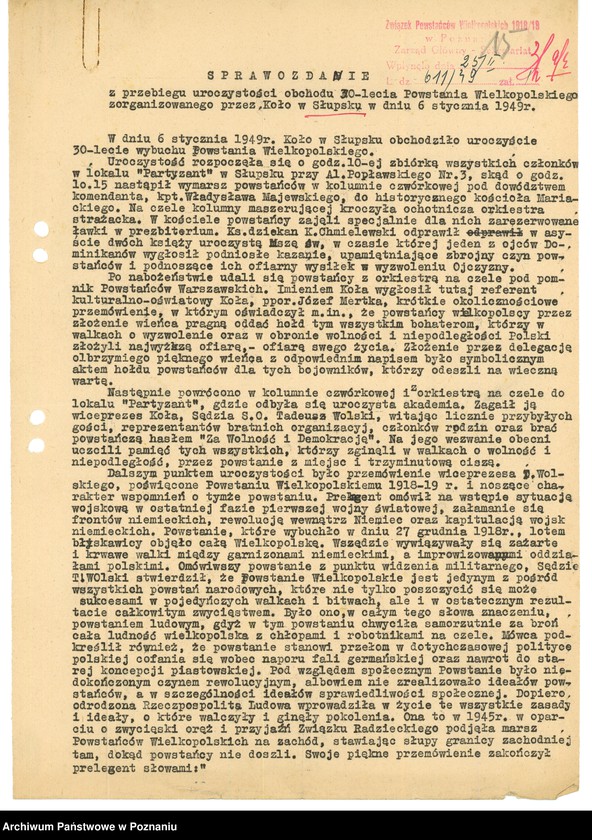 Obraz 18 z jednostki "Współdziałanie Zarządu Głównego Związku Powstańców Wielkopolskich z kołami: 1. Ryczywół [1949] 2. Sieraków [1947-1948] 3. Słupia Kapitulna [1947] 4. Słupsk [1948-1949] 5. Starogard [1947-1948] 6. Stęszew [1947] 7. Sulęcin [1947-1948] 8. Swarzędz [1946-1949] 9. Szamotuły [1947-1949] 10. Szczecin [1946-1949] 11. Śmigiel [1946-1949] 12. Śrem [1947-1949]"
