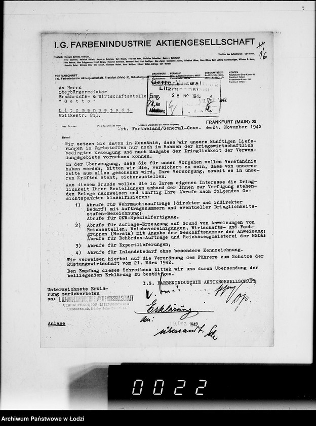 Obraz 20 z jednostki "[Korespondencja firm niemieckich oferujących dostawę środków chemicznych, farb, maszyn wiertniczych, tokarek i innych urządzeń oraz wapna dla zakładów produkcyjnych w Getcie].I-J-K."