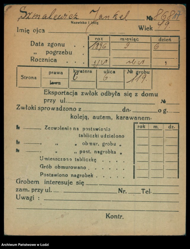 Obraz 18 z jednostki "Kartoteka osób pochowanych na cmentarzu żydowskim przy ulicy Brackiej w latach 1892-1957. Nazwiska na litery: Szn-Szt"