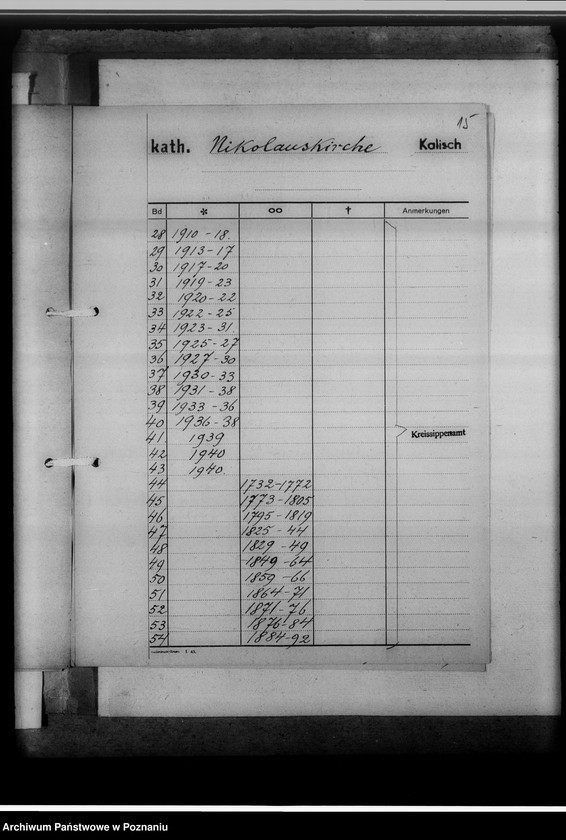 Obraz 19 z jednostki "I. Bücher evangelischer Gemeinden; II. Bücher katholischer Gemeinden: 1. Gotthard-Kirche, 2. Marienkirche, 3. Nikolauskirche; III. Bücher griechisch-orthodox. Gemeinden: 1. Peter-Paulus-Kirche, 2. Ukrainische Kirche; IV. Militärgemeinde; V. Griech.Orthodox. und Baptisten; VI. Griech.Orthodox. und Juden; VII. Adventisten; VIII. Baptisten; IX. Juden; X. Kathol.-protestantische Zivilstandsregister Kalisch-Stadt [z terenu miast Kalisza]. Mikr.074979. Brak datacji, podano daty skrajne zesp."