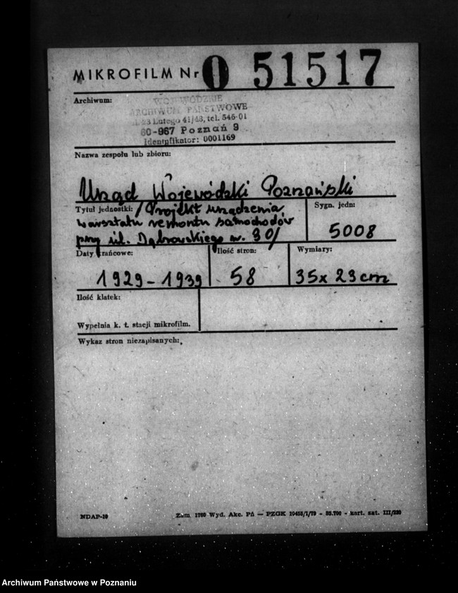 Obraz 2 z jednostki "/Projekt urządzenia warsztatu remontu samochodów przy ul. Dąbrowskiego nr 30/"