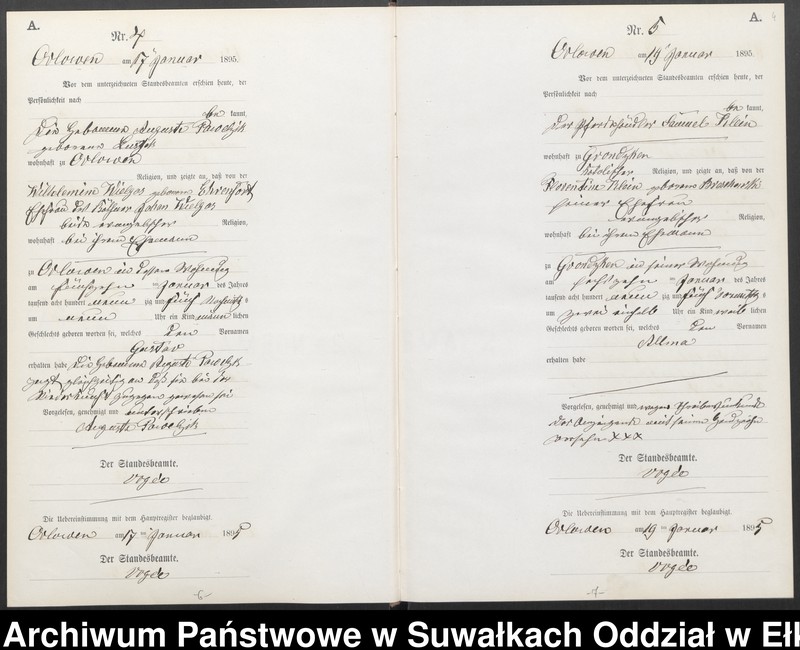 image.from.unit.number "Geburts-Neben-Register des Preussischen Standes-Amtes Orlowen Kreis Loetzen für das Jahr 1895"