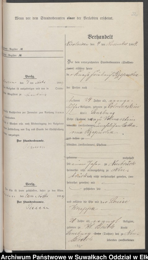 image.from.unit.number "Heiraths-Haupt-Register des Königlich Preussischen Standes-Amtes Forstrevier Nicolaiken Kreis Sensburg für das Jahr 1882[do 1884]"