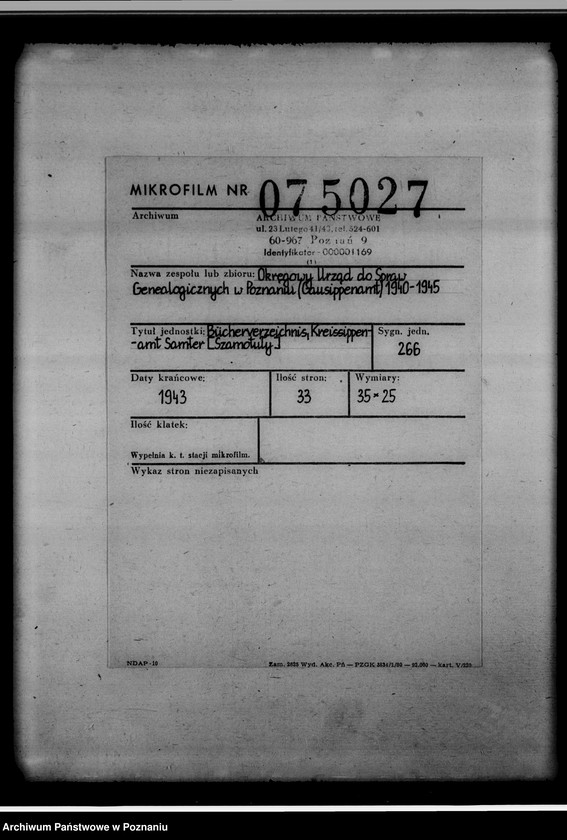 Obraz 2 z jednostki "Bücherverzeichnis, Kreissippenamt Samter [Szamotuły]"