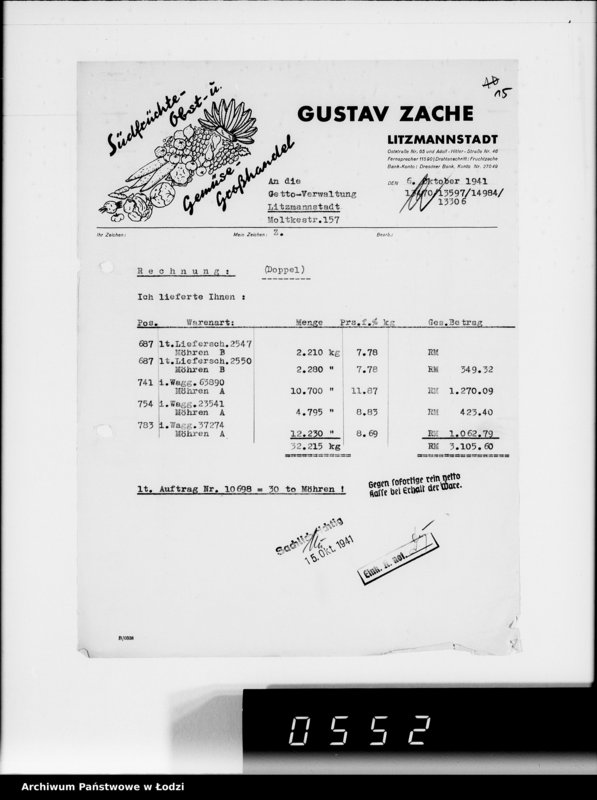 Obraz 19 z jednostki "Aufträge 5734-10700 [Faktury, listy przewozowe na dostarczone dla Getta produkty żywnościowe, materiały opałowe, przemysłowe]"