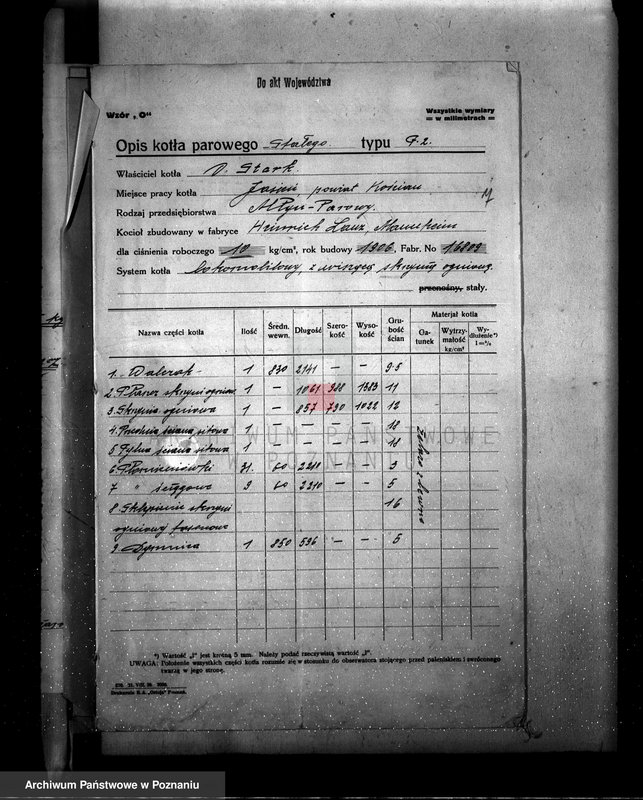 Obraz 11 z jednostki "Młyn parowy w Jasieniu pow. kościański własność O. Starke nadzór nad kotłami parowymi"