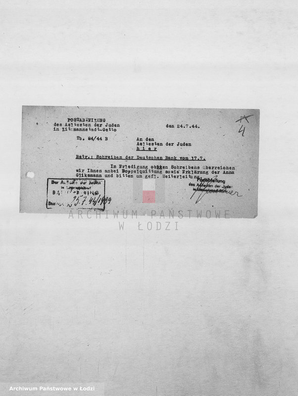 Obraz 7 z jednostki "Banken [Korespondencja PSŻ z GV i bankami niemieckimi w sprawie przekazów pieniężnych dla ludności getta]"