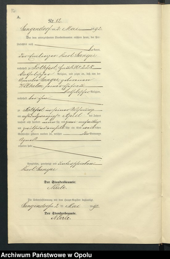 Obraz 16 z jednostki "Geburts-Neben-Register des Standesamts Langendorf pro 1892"
