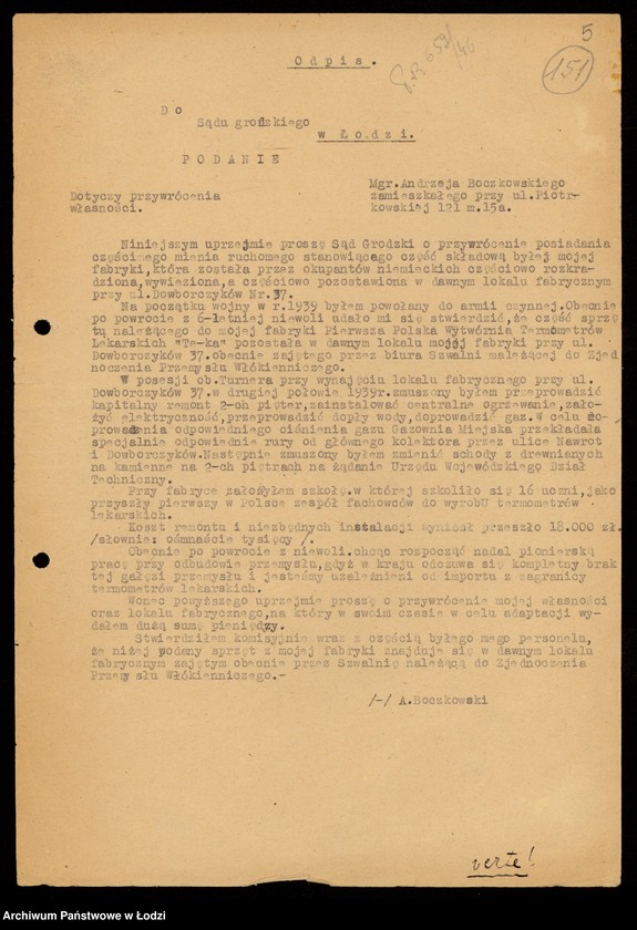 Obraz 7 z jednostki "[Korespondencja w sprawie reprywatyzacji urządzeń biurowych Fabryki Termometrów oraz lokalu fabrycznego w Łodzi ul. Dowborczyków 37]"