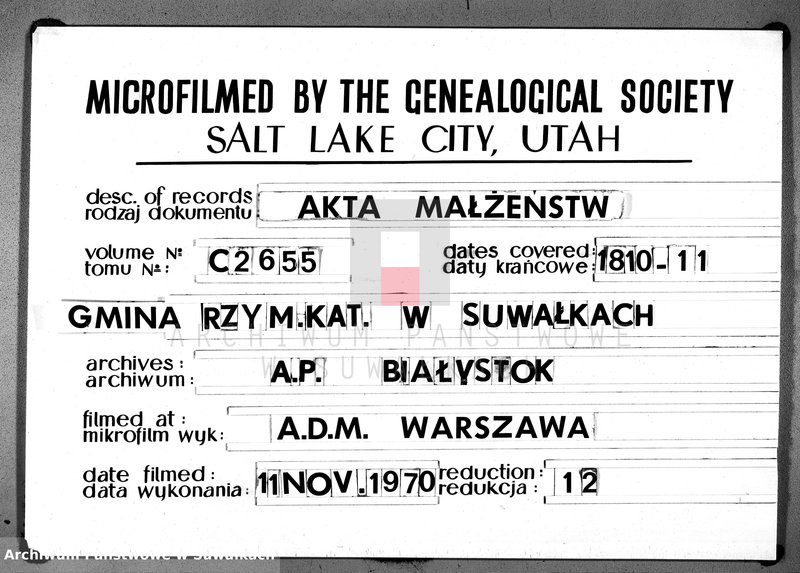 Obraz 1 z jednostki "Księga aktu ślubnego gminy suwalskiey, powiatu dąbrowskiego w departamencie łomżyńskim na rok 1810 1 Maja po 1 Maja 1811 roku"