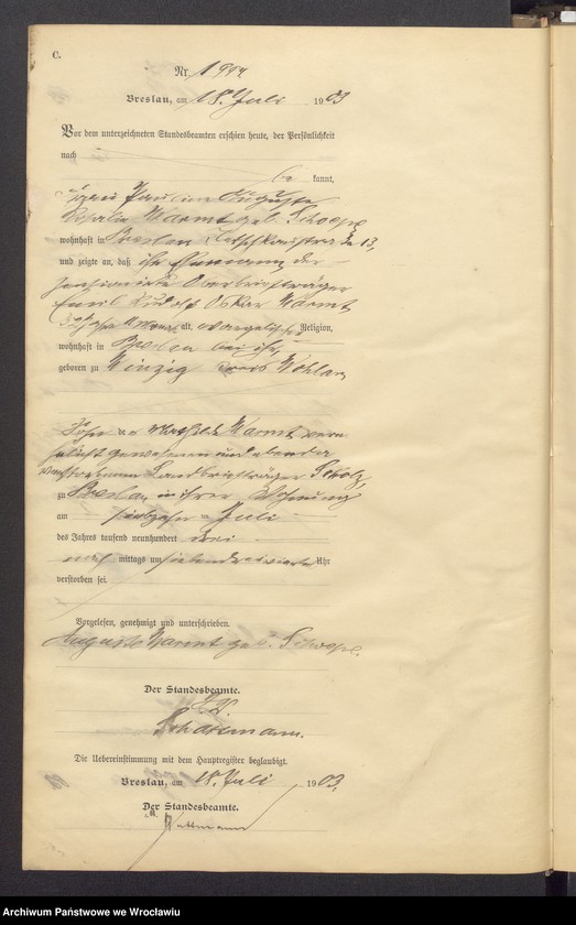 image.from.unit.number "Sterbe Neben Register Standesamt Breslau III 1903 Band 6"