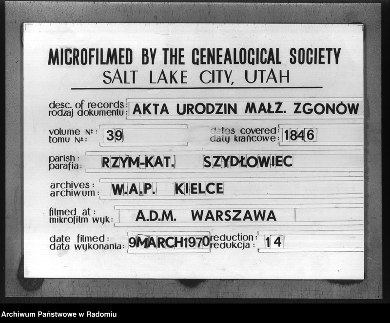 image.from.unit.number "Księga aktów cywilno religijnych urodzonych, zaślubionych i zmarłych kościoła parafialnego szydłowieckiego na rok 1846"