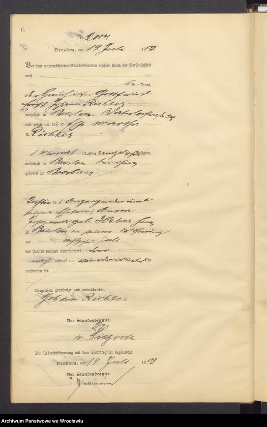 image.from.unit.number "Sterbe Neben Register Standesamt Breslau III 1903 Band 6"