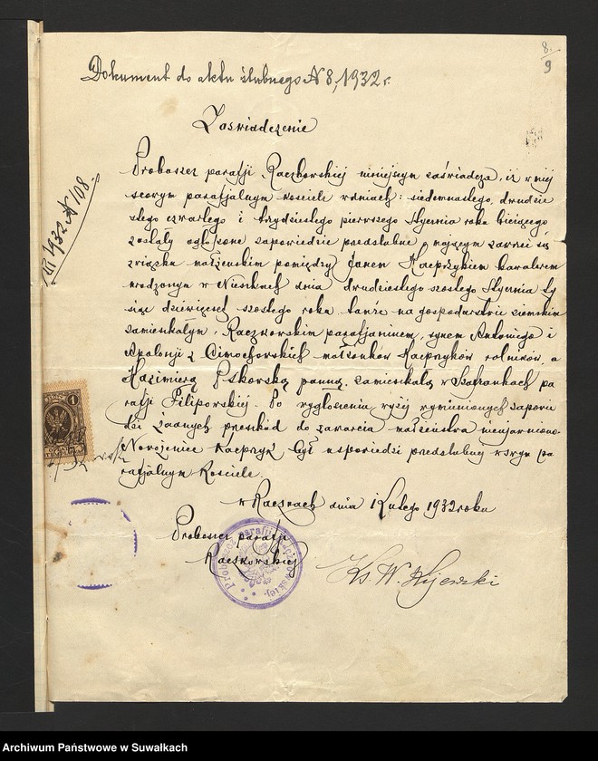 image.from.unit.number "Dokumenty przedstawione do ślubnych aktów stanu cywilnego sporządzonych w roku 1932 w parafji rzymsko-katolickiej Filipów"