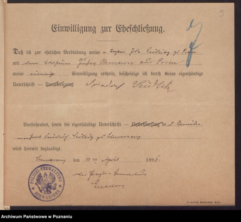 Obraz 11 z jednostki "Die von den Verlobten beigebrachten Urkunden zur Eheschliessung pro 1896"