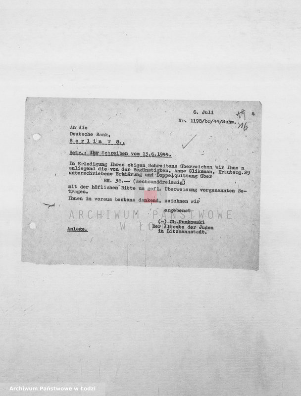 Obraz 19 z jednostki "Banken [Korespondencja PSŻ z GV i bankami niemieckimi w sprawie przekazów pieniężnych dla ludności getta]"