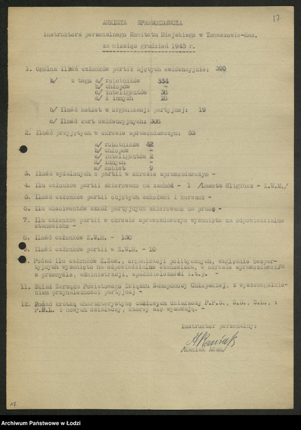 Obraz 18 z jednostki "Ankiety sprawozdawcze instruktora Komitetu Miejskiego Tomaszów Mazowiecki [z załącznikami]"