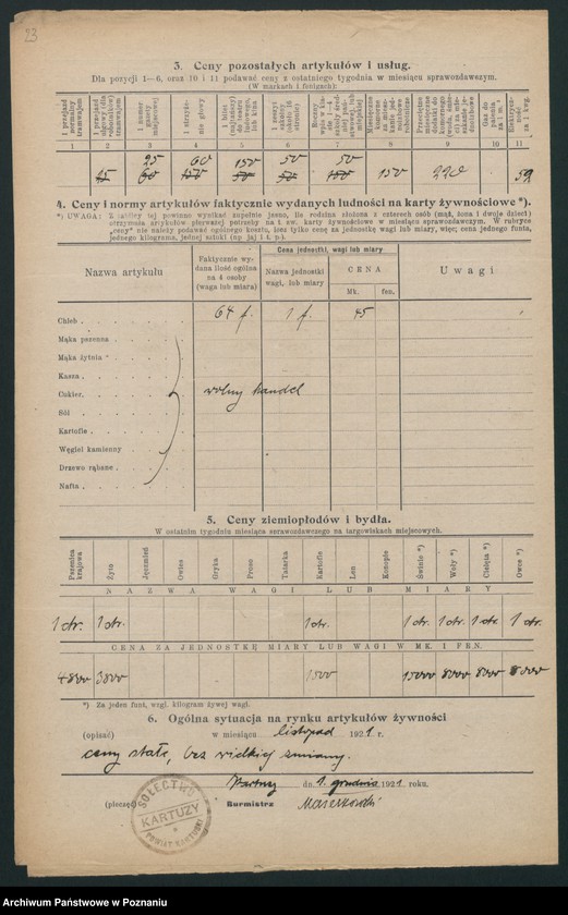 Obraz 20 z jednostki "[Wykazy cen rynkowych na artykuły spożywcze w poszczególnych miastach Województwa Pomorskiego za miesiąc listopad 1921 roku]"