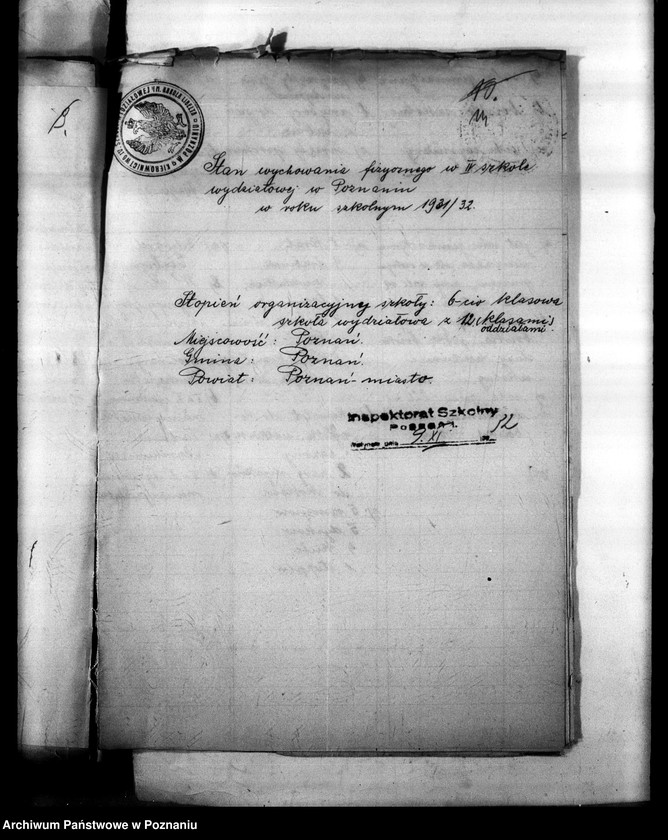 Obraz 18 z jednostki "[Sprawozdania roczne ze stanu wychowania fizycznego w szkołach powszechnych nadesłane przez Inspektoraty Szkolne: Poznań- miasto, Poznań- powiat, Rawicz, Śrem, Środa, Szamotuły, Szubin, Wągrowiec, Wolsztyn, Września, Wyrzysk, Żnin]"