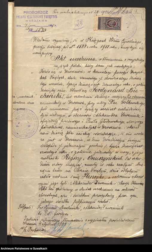 image.from.unit.number "Dokumenty załączone do ślubnych aktów stanu cywilnego w parafji R. Kat. Filipowskiej w roku 1923"