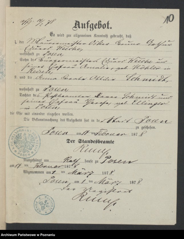 Obraz 11 z jednostki "Die von den Verlobten beigebrachten Urkunden zur Eheschliessung pro 1878"