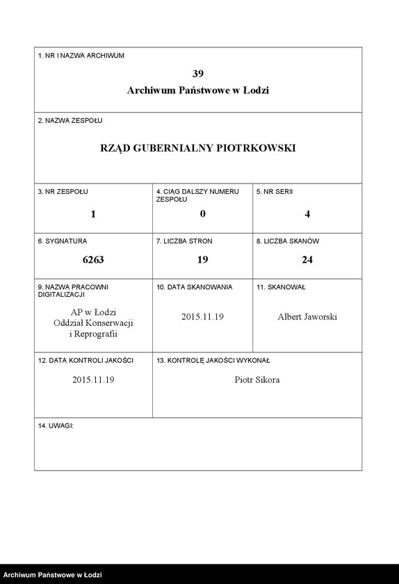 Obraz 1 z jednostki "Na snâtyj s˝ natury čertež postrojki Èlìašem˝ Tykocinerom˝ v˝ gor[ode] Lodzi po uli[ce] Sv[âtoj] Anny pod˝ No 47/835 a imenno a) kamennoj prâdil´ni b) pokoâ parovago kotla v) parovoj mašiny g) kontory d) konûšni"