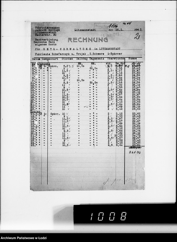 Obraz 6 z jednostki "Hermann Zeidler [rachunki za usługi transportowe dla Getta]"