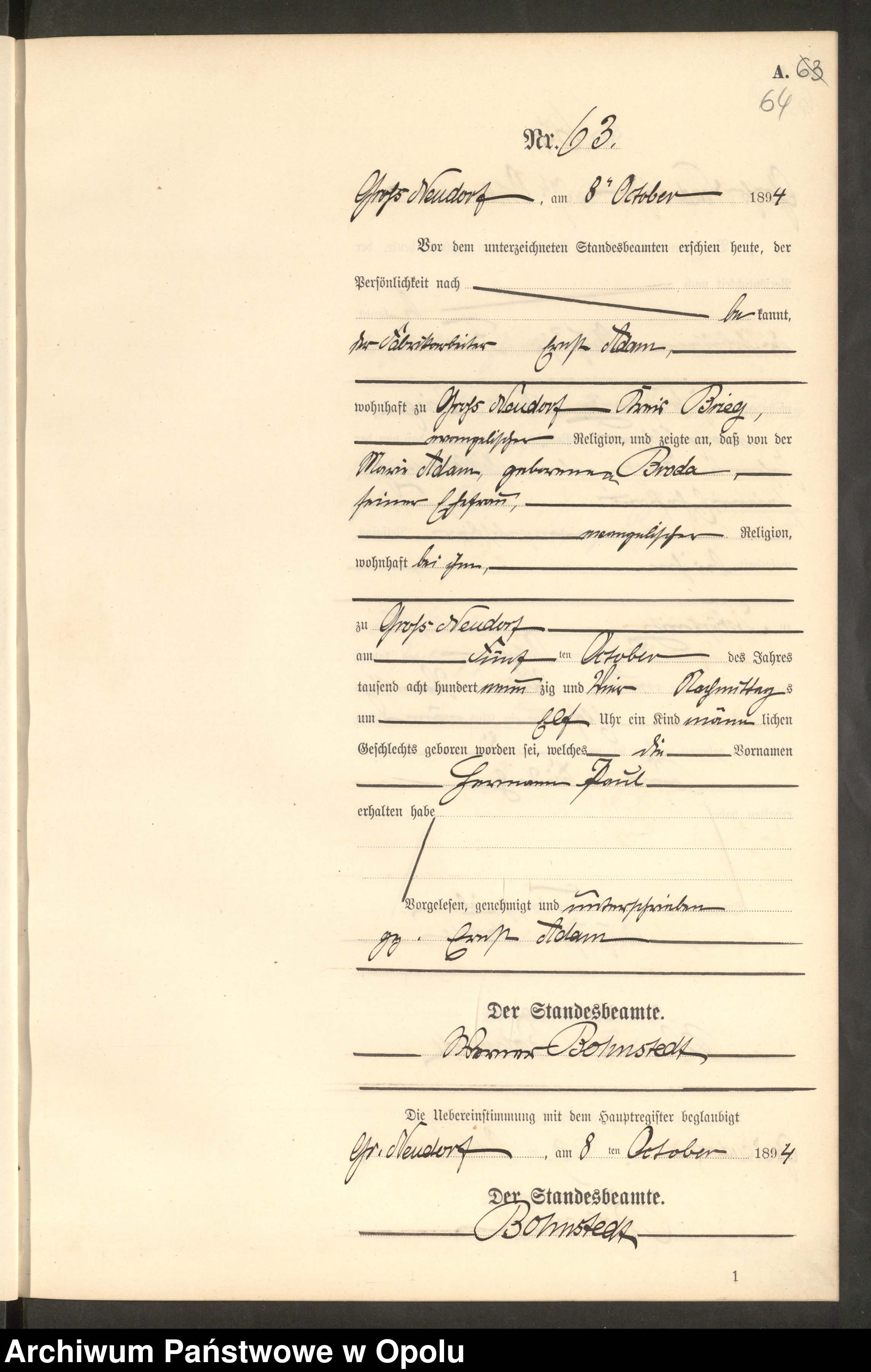 Skan z jednostki: Geburts-Neben-Register Standes-Amt Gross Neudorf 1894