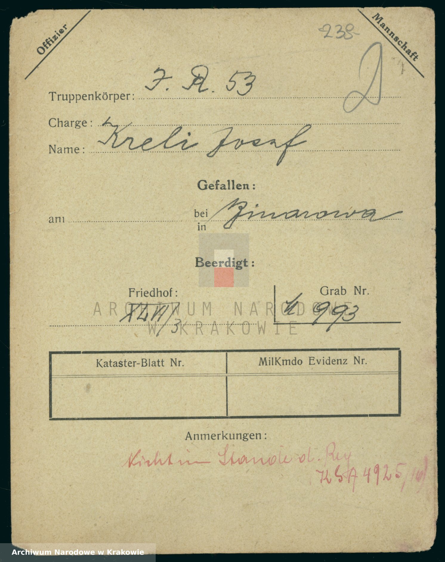 Skan z jednostki: Karty ewidencyjne zmarłych żołnierzy w układzie alfabetycznym: Bieniaszowice - Bochnia.