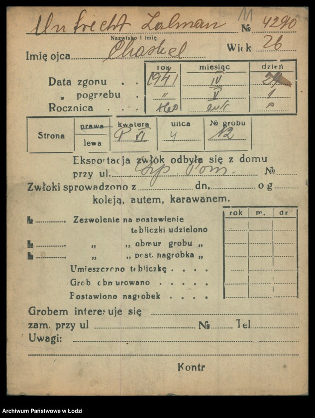 Obraz 12 z jednostki "Kartoteka osób pochowanych na cmentarzu żydowskim przy ulicy Brackiej w latach 1892-1944. Nazwiska na literę U"