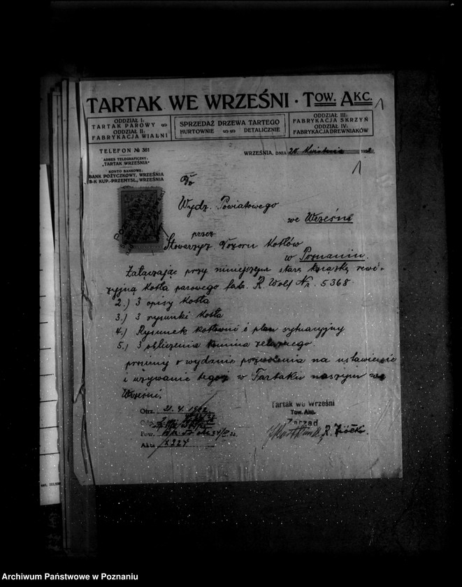 Obraz 5 z jednostki "1/ Tartak parowy we Wrześni- Towarzystwo Akcyjne Nr porządkowy kotła 11 /Młyn J. Hadyniaka w Tomicach powiat poznański"