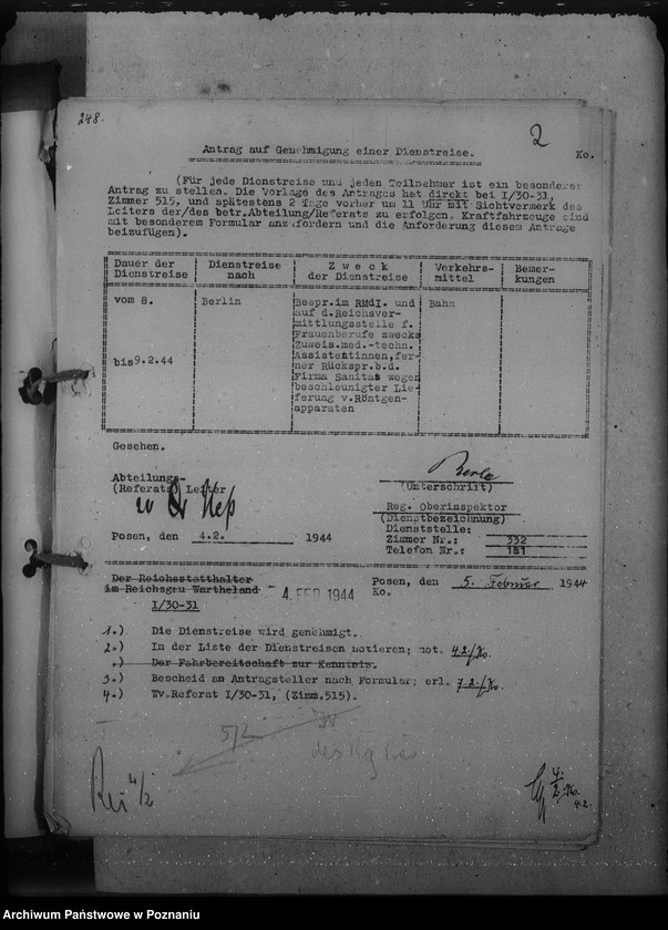 Obraz 6 z jednostki "Genehmigungen der Dienstreisen / Archivgut - Bytyn, Ceradz, Tarnowo, Starpel / i inne wyjazdy służbowe"