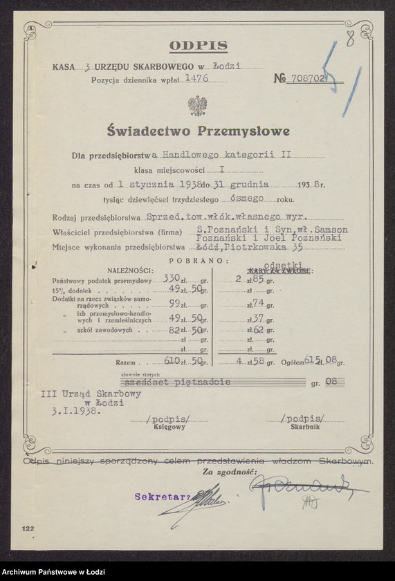 Obraz 10 z jednostki "Simsio Poznański, Joel Poznański- wyrób i sprzedaż towarów włókienniczych"