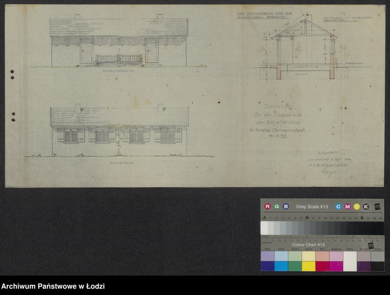 Obraz 5 z jednostki "Zeichnung für ein Behelfsheim im Kreise Litzmannstadt. Zeichnung für ein Doppelhaus der Behelfsheime. Fussbodenausbildung der"