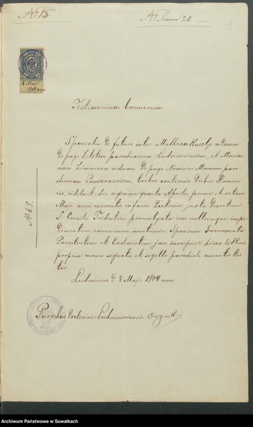 Obraz 19 z jednostki "Dokumenty predstavlennyja k bračnym aktam Punskago Rimsko-Katličeskago prichoda za 1904 g."