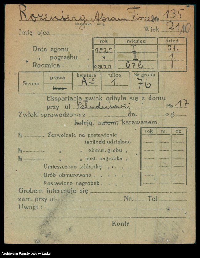 Obraz 11 z jednostki "Kartoteka osób pochowanych na cmentarzu żydowskim przy ulicy Brackiej w latach 1892-1954. Nazwiska na litery: Rozenbe-Rozenf"