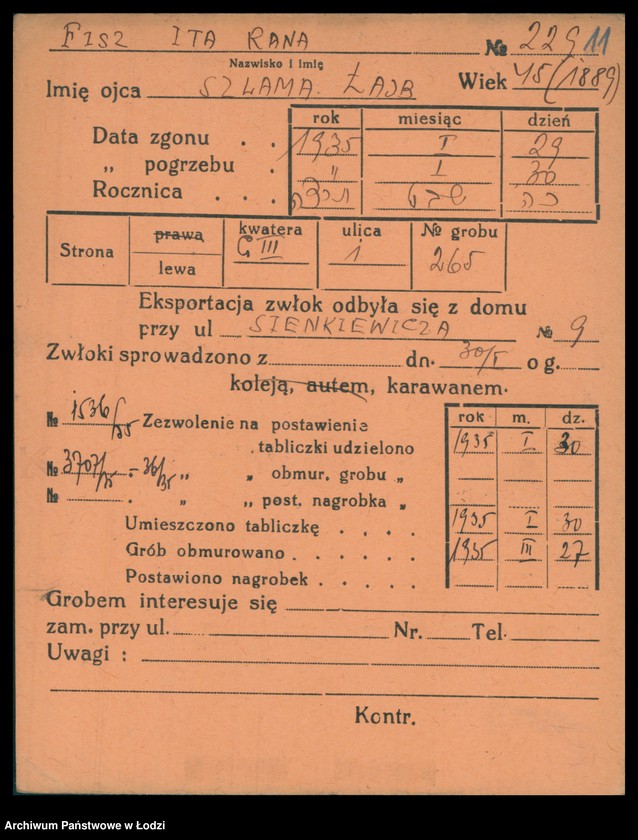Obraz 12 z jednostki "Kartoteka osób pochowanych na cmentarzu żydowskim przy ulicy Brackiej w latach 1892-1957. Nazwiska na litery: Fisz-For"
