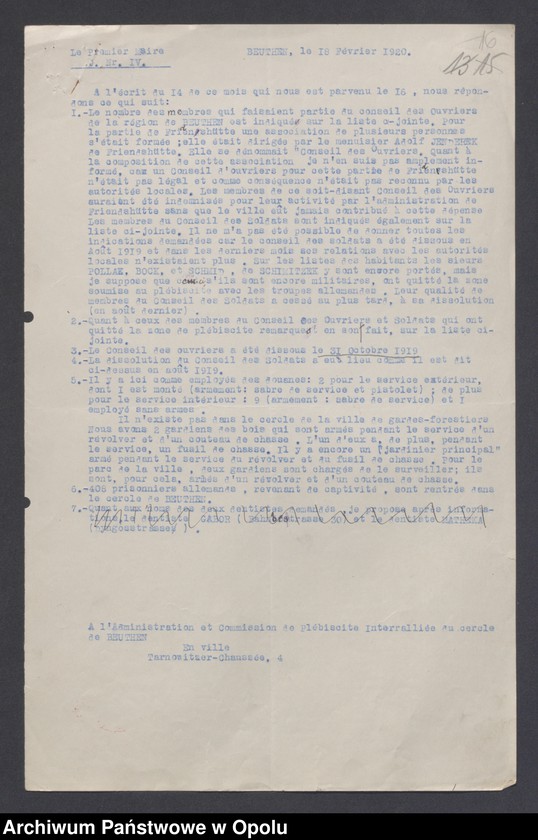 Obraz 18 z jednostki "Tableau des forces de Police, Einwohnerwehr SP, Tendances Militaires /1. Tablica przedstawiająca stan sił policji niemieckiej " Sicherheitspolizei" 2. Wiadomości o radach robotniczych i żołnierskich, 3. Wiadomości o organizacji niemieckiej "Einwohnerwehr" 4. Wiadomości o organizacji "Sicherheitspolizei". 5. Wiadomości o różnych organizacjach niemieckich paramilitarnych/"