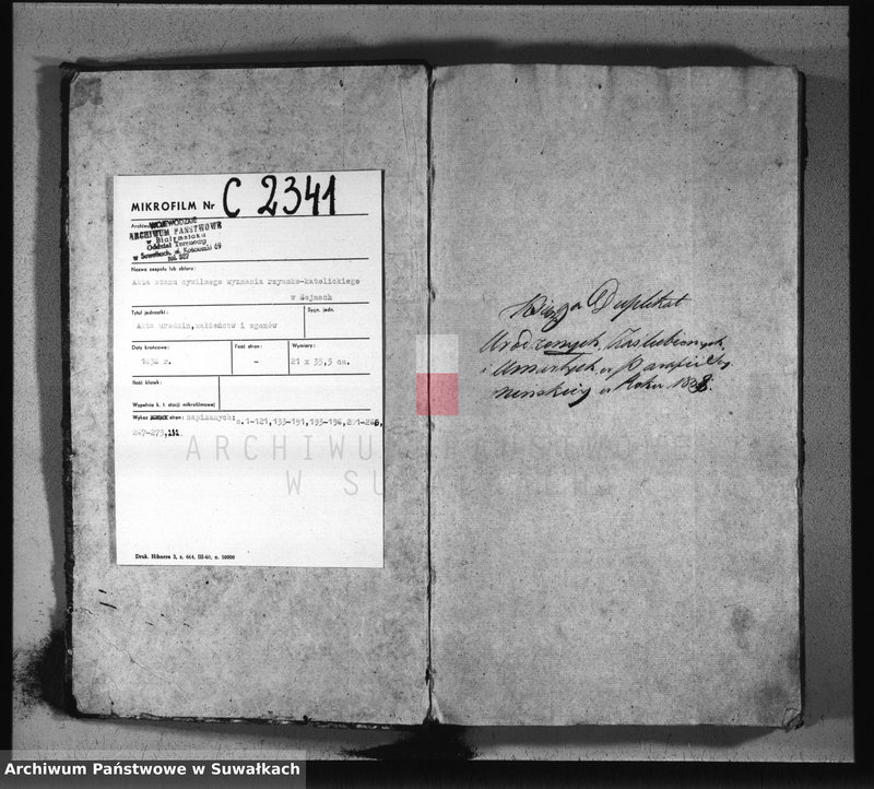 image.from.unit.number "Księga duplikat akt urodzonych, zaślubionych i umarłych w parafii sejneńskiey w roku 1838"