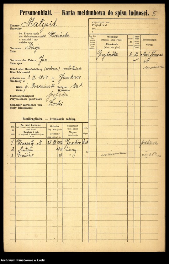 Obraz 7 z jednostki "[Spis ludności Łodzi] Matysek - Mazurenko"