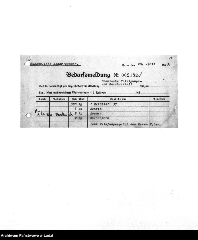 Obraz 7 z jednostki "Bedarfsmeldungen [Skierowane do GV zapotrzebowania na surowce, materiały, narzędzia, maszyny itp. potrzebne resortom pracy do produkcji; zamówienia żywności, lekarstw]"
