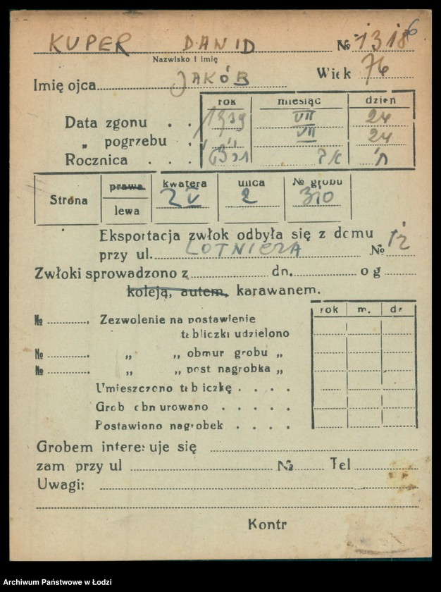 Obraz 7 z jednostki "Kartoteka osób pochowanych na cmentarzu żydowskim przy ulicy Brackiej w latach 1892-1956. Nazwiska na litery: Kup-Kz"