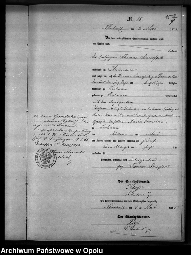 Obraz 18 z jednostki "Sterbe-Neben-Register Standesamts Kuhnau pro 1875"