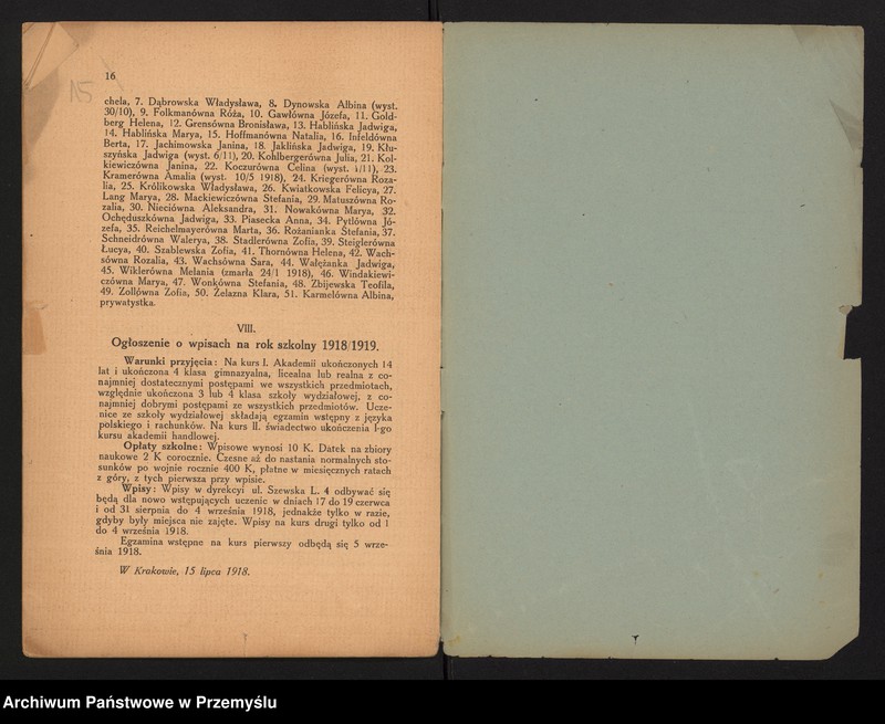 image.from.unit.number "I Sprawozdanie Dyrekcji Pryw[atnej] Wyższej Szkoły (Akademii) Handlowej dla Dziewcząt w Krakowie za rok szkolny 1917/18"