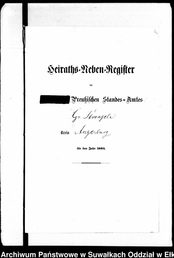 image.from.unit.number "Heiraths-Neben-Register des Preussischen Standes-Amtes Gr. Strengeln Kreis Angerburg"