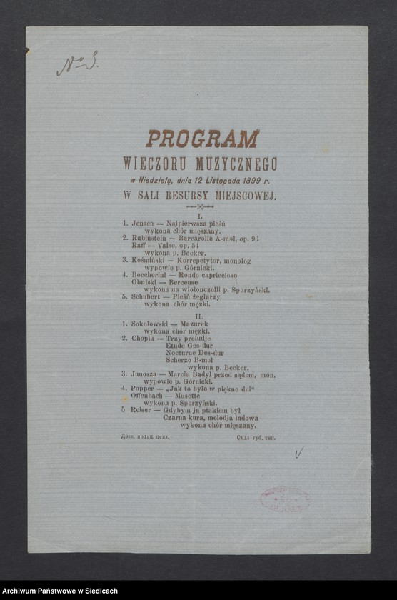 Obraz z jednostki "Program wieczoru muzycznego w niedzielę 12 listopada 1899 Siedlce w Resursy Miejscowej"