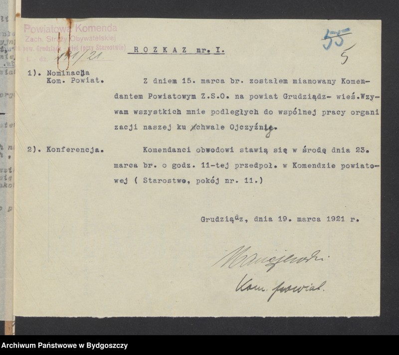 image.from.unit.number "[Rozkazy zwykłe i tajne Powiatowej Komendy Zachodniej Straży Obywatelskiej na powiat Grudziądz-Wieś, wykaz zasłużonych członków ZSO proponowanych do odznaczenia dyplomami pamiątkowymi, karty ewidencji członków]"