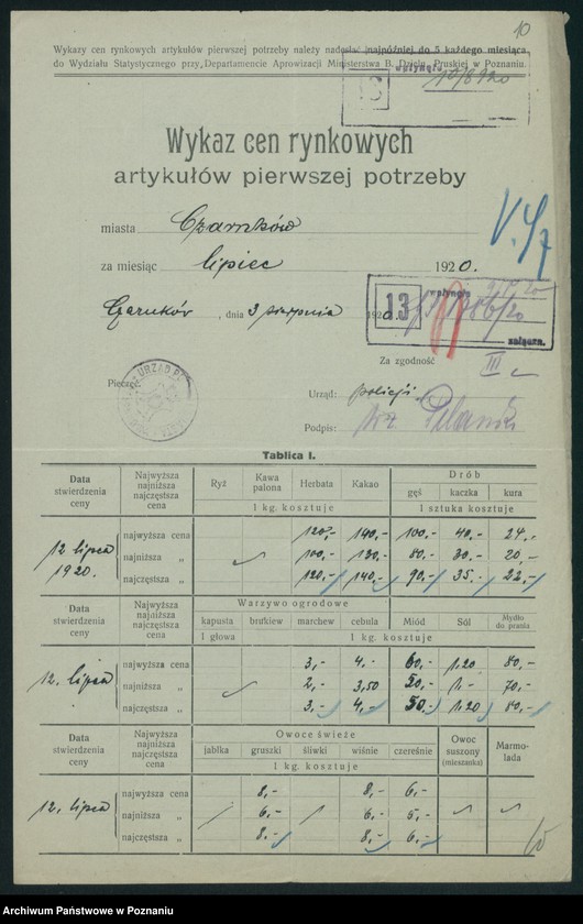 Obraz 12 z jednostki "[Wykaz cen rynkowych artykułów pierwszej potrzeby w poszczególnych miastach Województwa Poznańskiego za miesiąc lipiec 1920]"