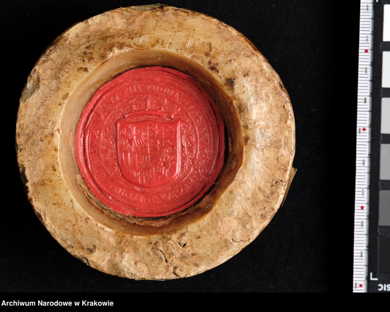 image.from.unit.number "Bona Sforza. Królowa Polski, Wielka Księżna Litewska. W polu pieczęci ukoronowana tarcza czteropolowa z herbami: polskim (prawe górne pole), Wąż Sforzów i Orzeł (lewe górne), herb mediolański i aragoński (prawe dolne), Pogoń (lewe dolne) tarczę otaczającą elementy roślinne. Otok ujęty w sznury perełek z napisem kapitalnym, renesansowym: BONA SFOR[TIA] ARAG[ONIA] D[EI] G[RATIA] REGINA POLONIE MAG[NA] DVX LITVANIE"